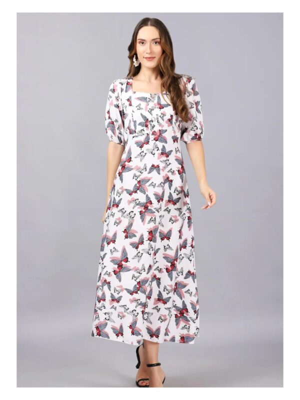 White Floral Puff Sleeve Maxi Dress for Women