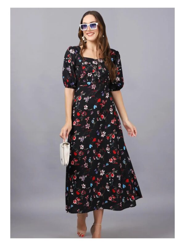 Black Floral Puff Sleeve Maxi Dress for Women