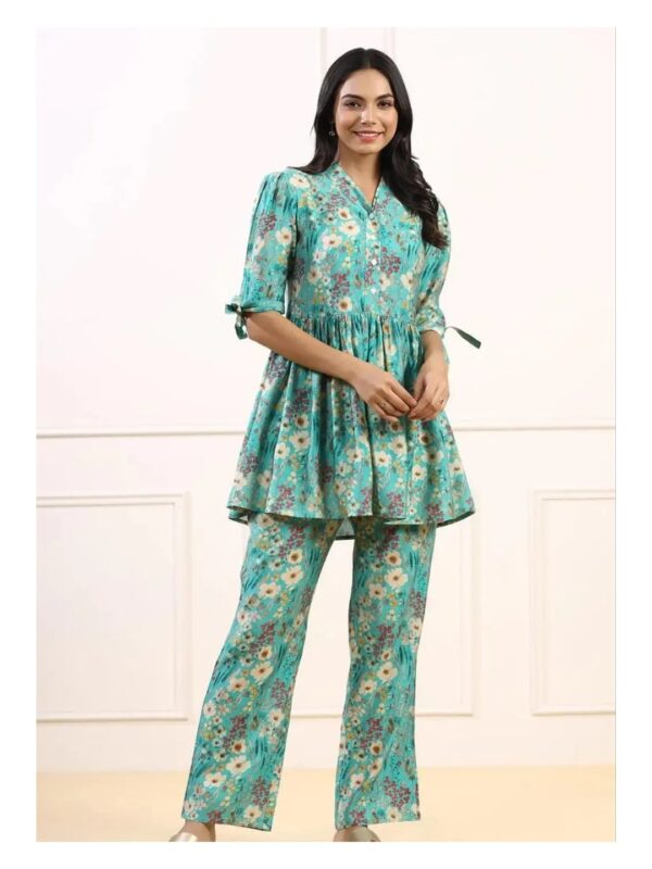 Ethnic Printed Mint Peplum Tunic Co-ord Set for Women
