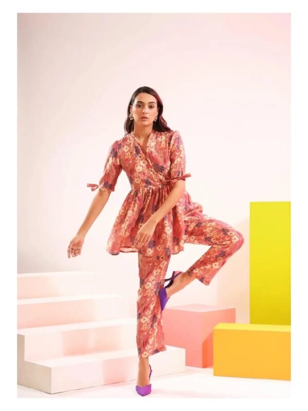 Floral Printed Pink Peplum Tunic Co-ord Set for Women