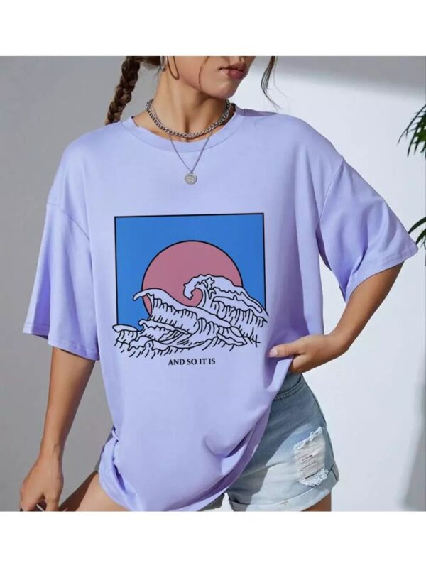 Ocean Wave Graphics Print Oversized T-shirt for Women
