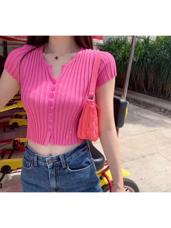 Solid Ribbed Buttoned Crop Top for Women