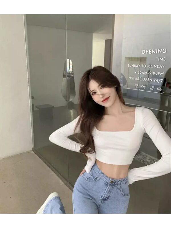 Solid Long Sleeve Square Neck Crop Top for Women