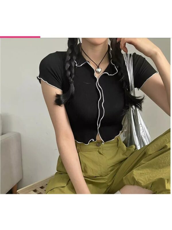 Contrast Buttoned Frill Crop Top for Women