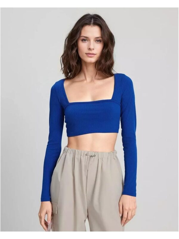 Solid Long Sleeve Square Neck Crop Top for Women