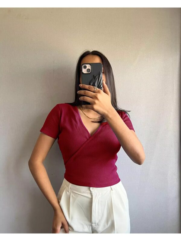 Solid V-neck Bodycon Top for Women