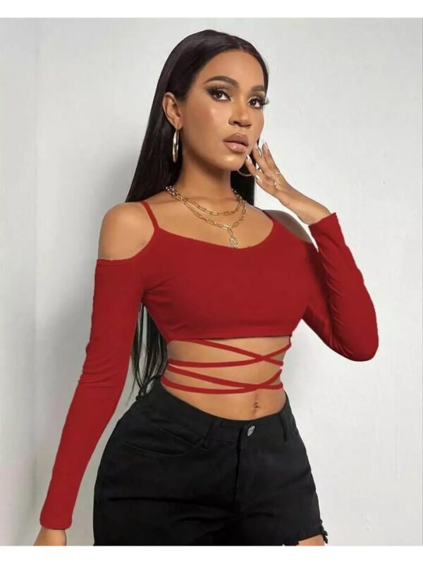 Solid Criss Cross Cold Shoulder Crop Top for Women