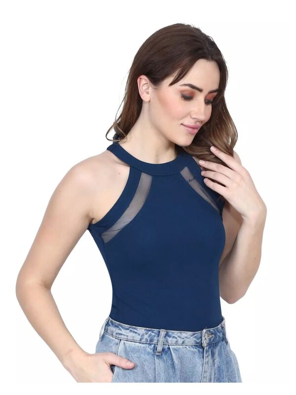 Solid Mesh Halter Neck Bodycon Top for Women