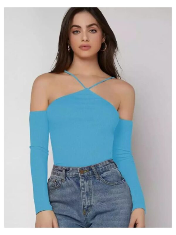 Solid Long Sleeves Halter Neck Bodycon Top for Women
