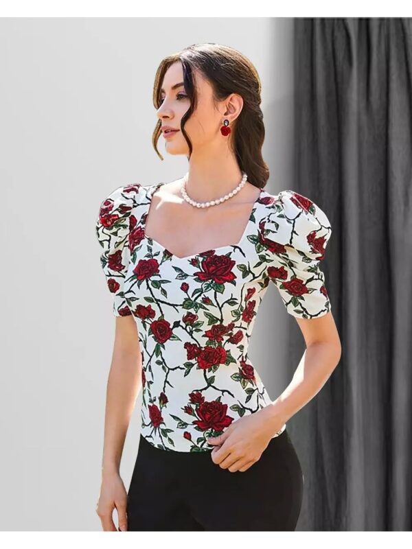 Floral Short Puff Sleeve Bodycon Top for Women