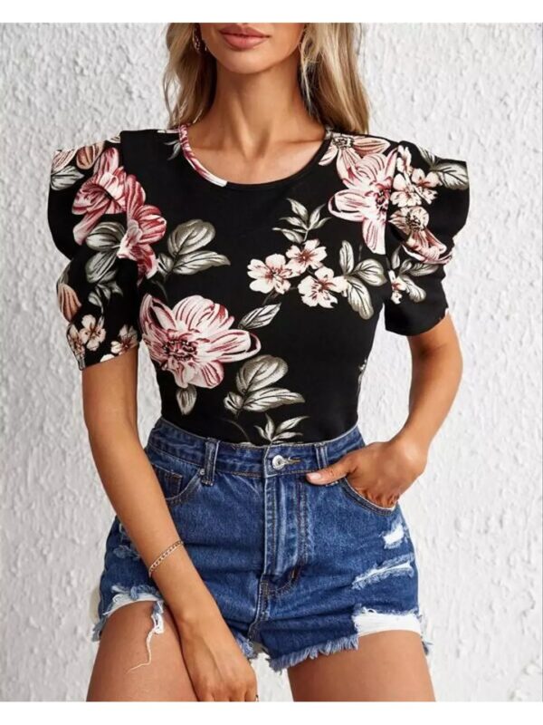 Floral Short Puff Sleeve Bodycon Top for Women