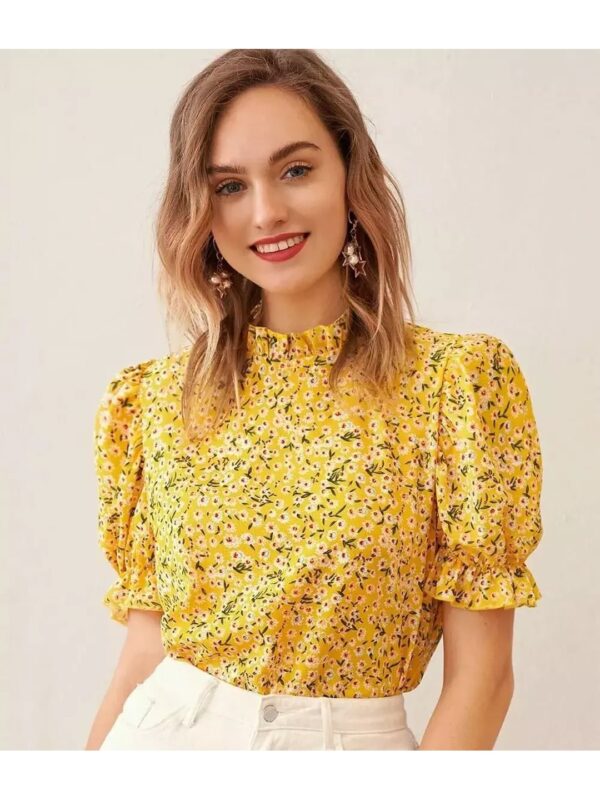 Floral Puff Sleeve Ruffle Top for Women