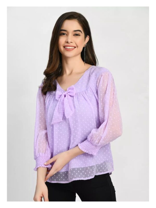 Polka Dot Sheer Top with Front Bow for Women