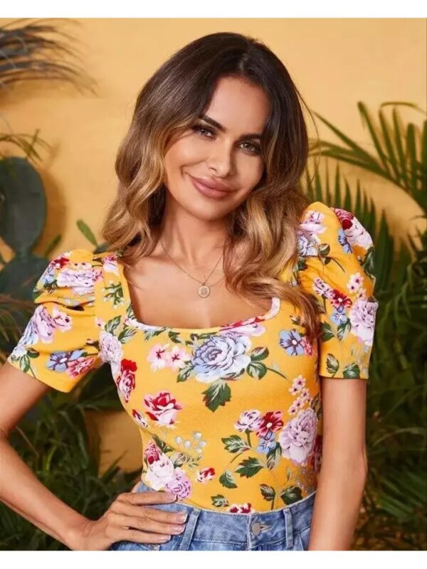 Floral Puff Sleeve Square Neck Bodycon Top for Women