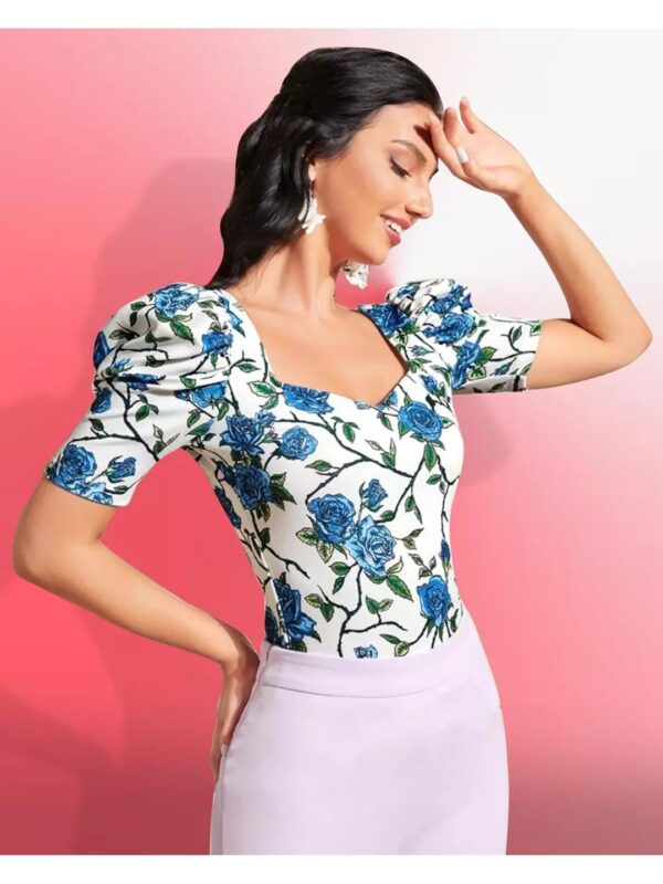 Floral Puff Sleeve Sweetheart Neck Bodycon Top for Women