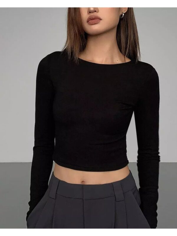 Solid High Neck Long Sleeve Crop Top for Women
