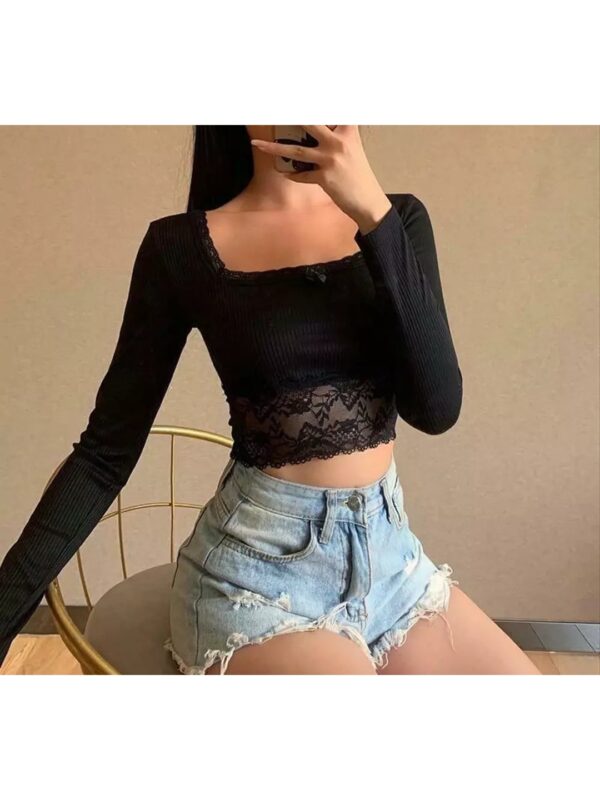 Solid Ribbed Lace Crop Top for Women