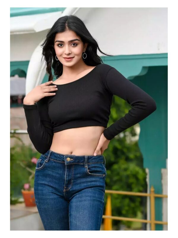 Solid Boat Neck Long Sleeve Crop Top for Women