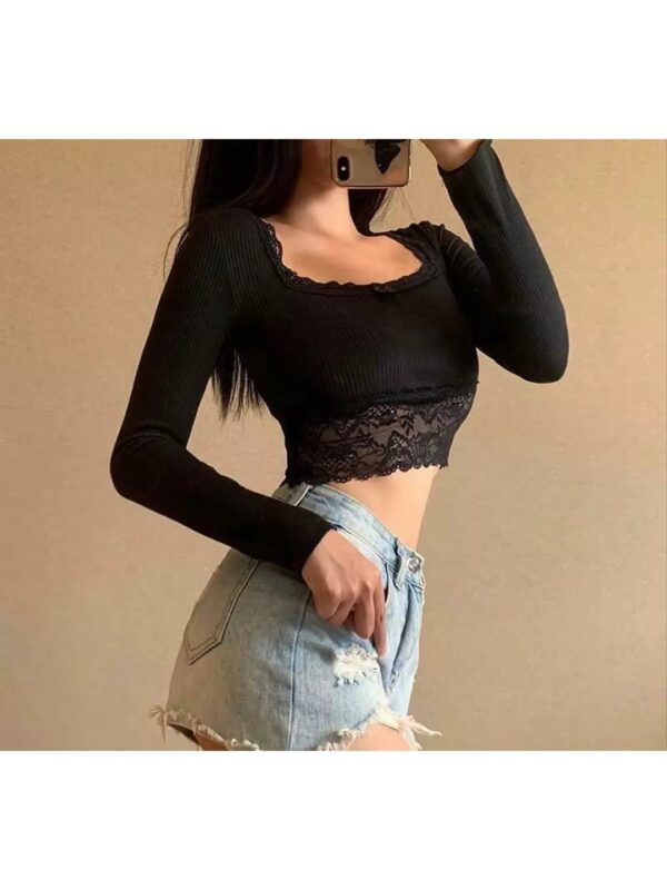 Solid Ribbed Lace Crop Top for Women