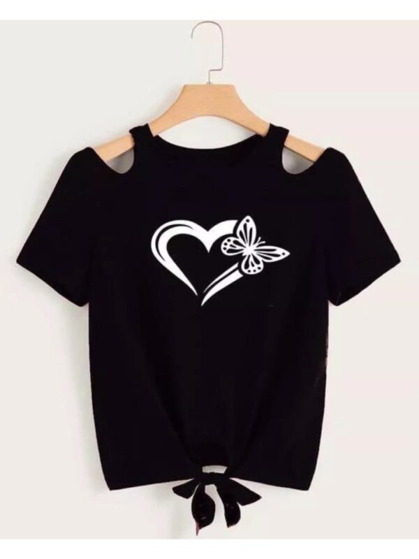 Heart Butterfly Graphics Print Front Tie-Knot Crop Top for Women