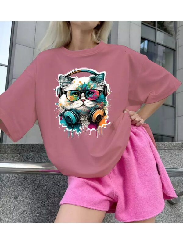 Nerdy Cat Graphics Print Oversized Top for Women