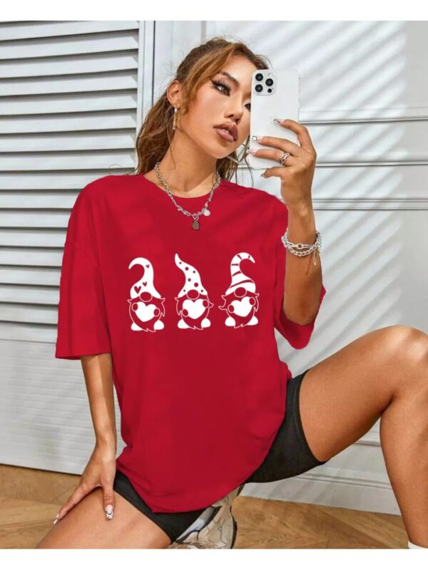 Christmas Elves Printed Red Oversized T-shirt for Women