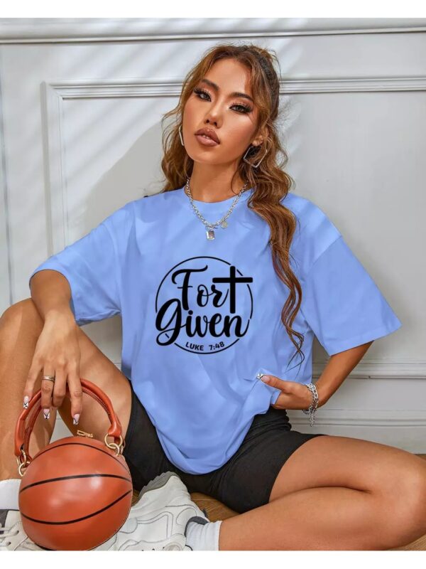 Forgiven Bible Verse Printed Blue Oversized T-shirt for Women