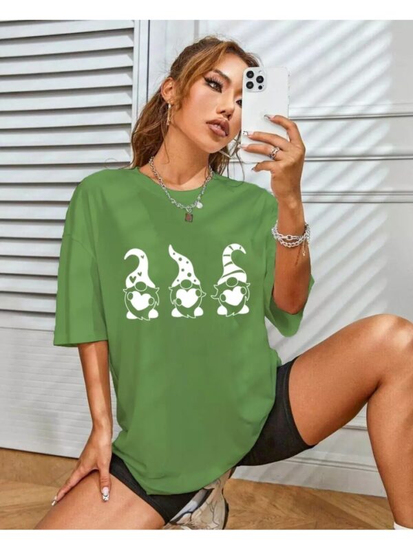 Christmas Elves Printed Green Oversized T-shirt for Women