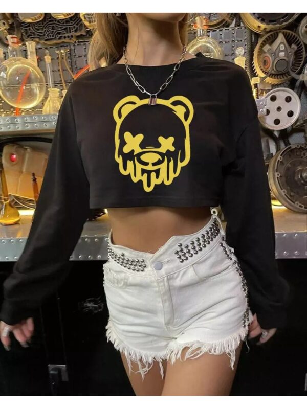 Melting Teddy Bear Printed Cropped Sweatshirt for Women