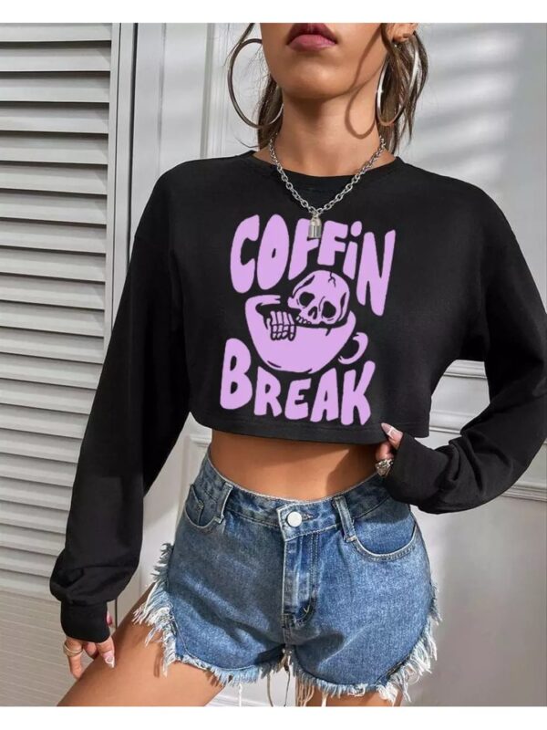 Coffin Break Skull Printed Cropped Sweatshirt for Women