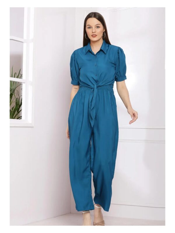 Solid Shirt Tie-Up Jumpsuit for Women