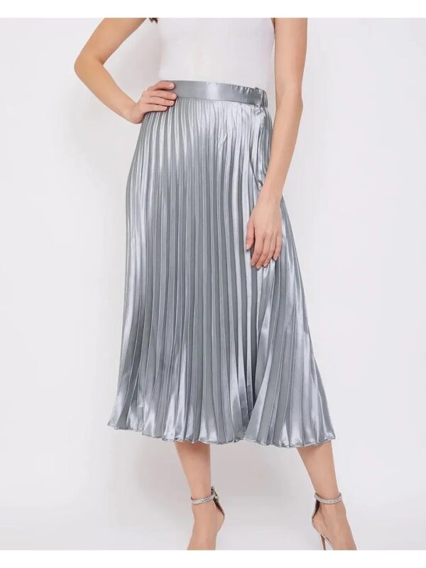 Silver Solid Pleated Satin Midi Skirt for Women