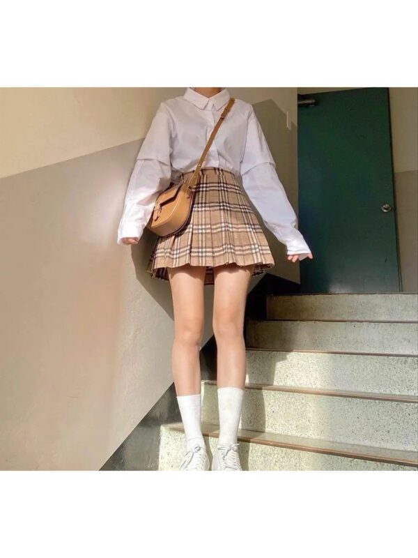 Beige Pleated Mini Plaid Skirt for Women