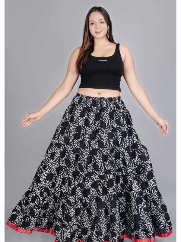 Black Floral Flared Tiered Maxi Skirt for Women