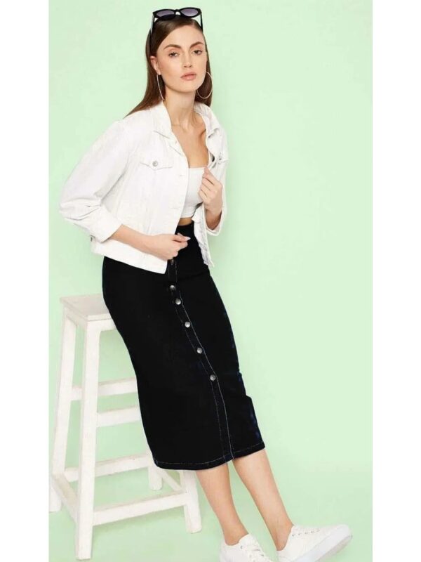 Black Button Down Denim Midi Pencil Skirt for Women