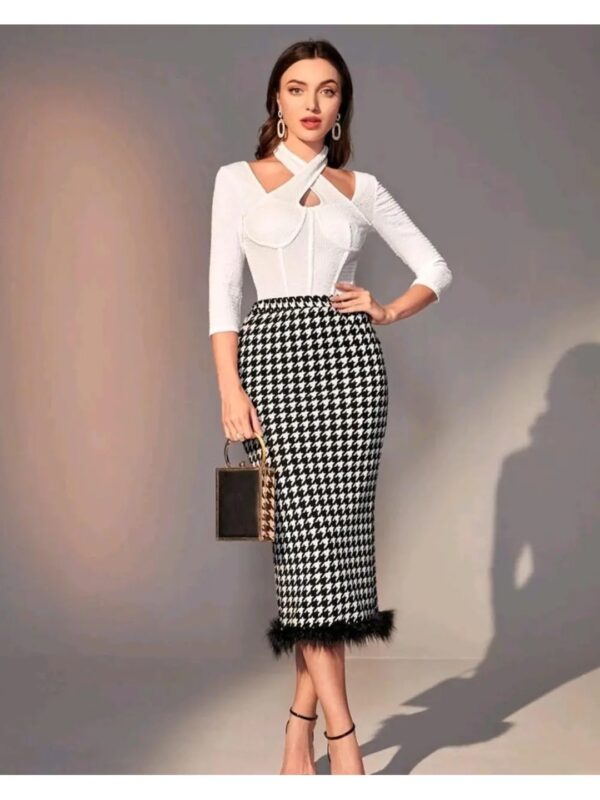 Houndstooth Faux Midi Pencil Skirt for Women