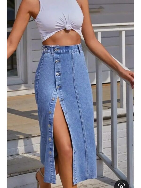Denim Buttoned Side Slit Midi A-Line Skirt for Women