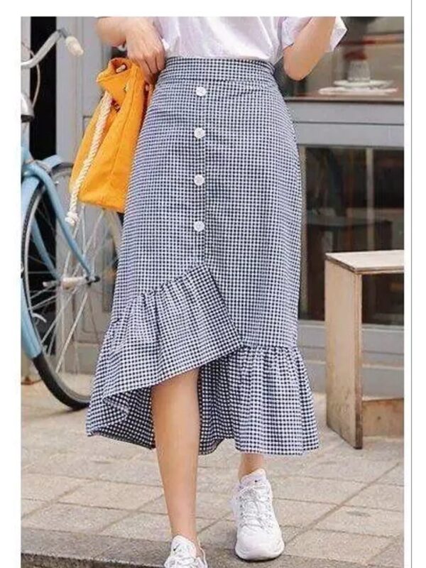 Checked Asymmetric Ruffle Midi Skirt for Women