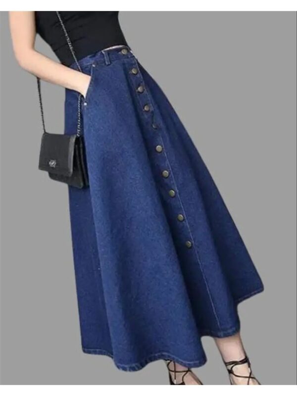 Navy Blue Buttoned A-Line Maxi Skirt for Women