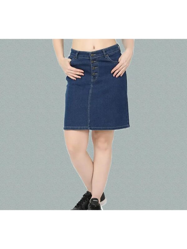 Navy Blue Buttoned Denim Midi Skirt for Women