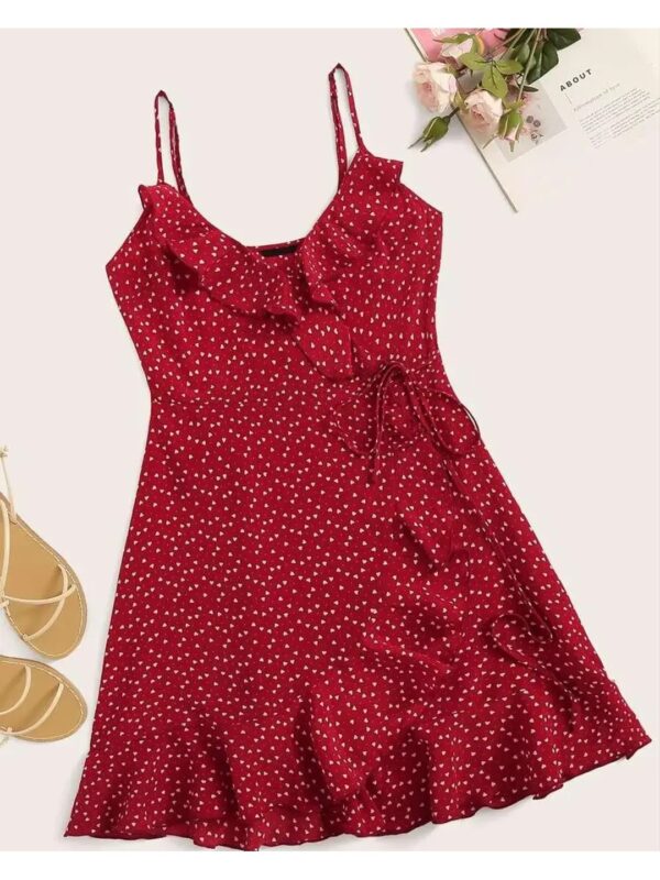 Heart Printed Wrap Slip Dress with Ruffles for Women