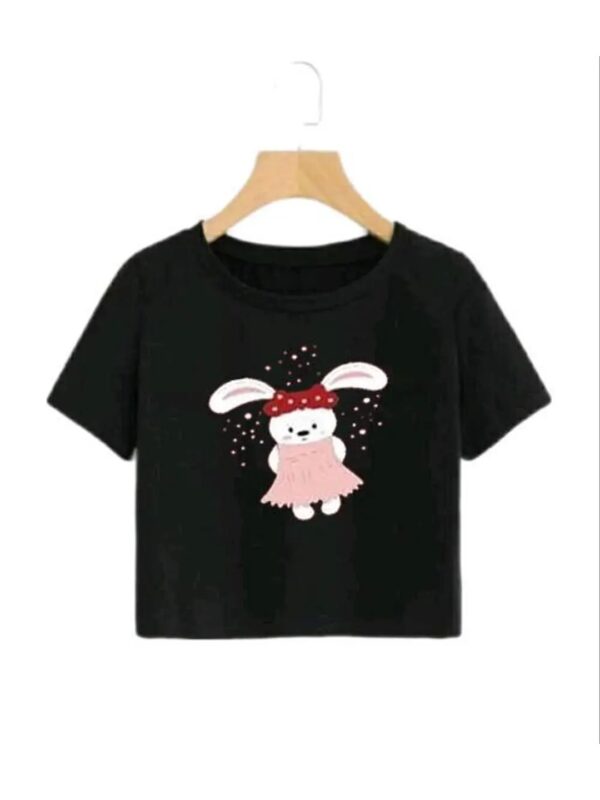 Cute Bunny Girl Printed Black Crop Top for Women