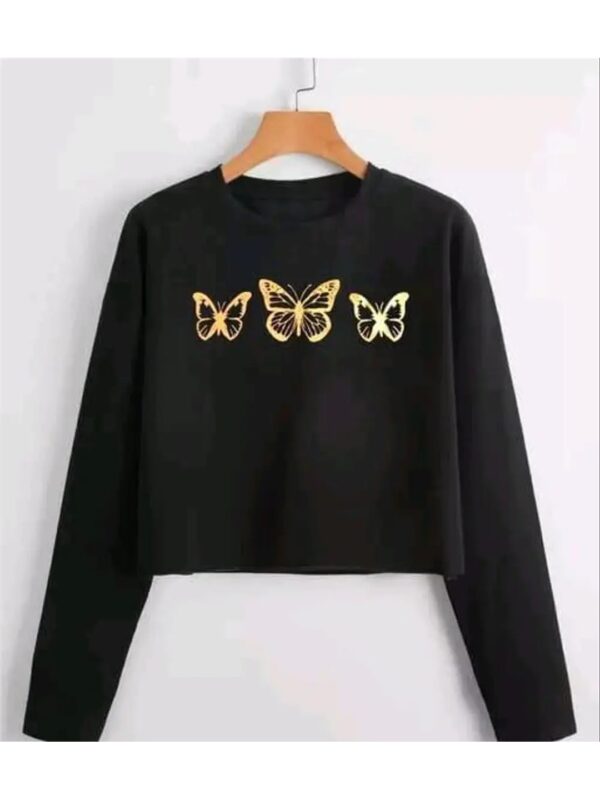 Butterfly Printed Long Sleeve Black Crop Top for Women