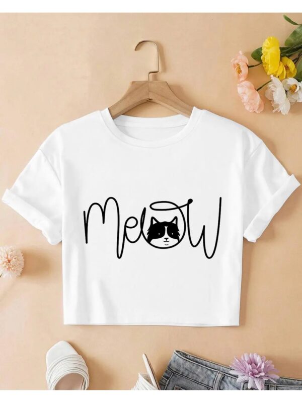 Meow Printed Long Sleeve Pink Crop Top for Women