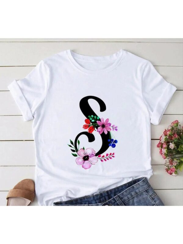Floral Printed S Letter White T-shirt for Women
