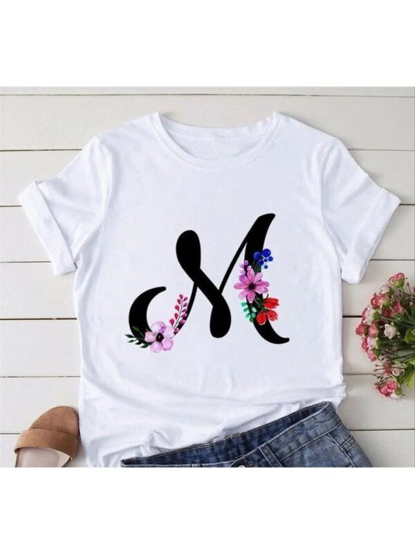 Floral Printed M Letter White T-shirt for Women