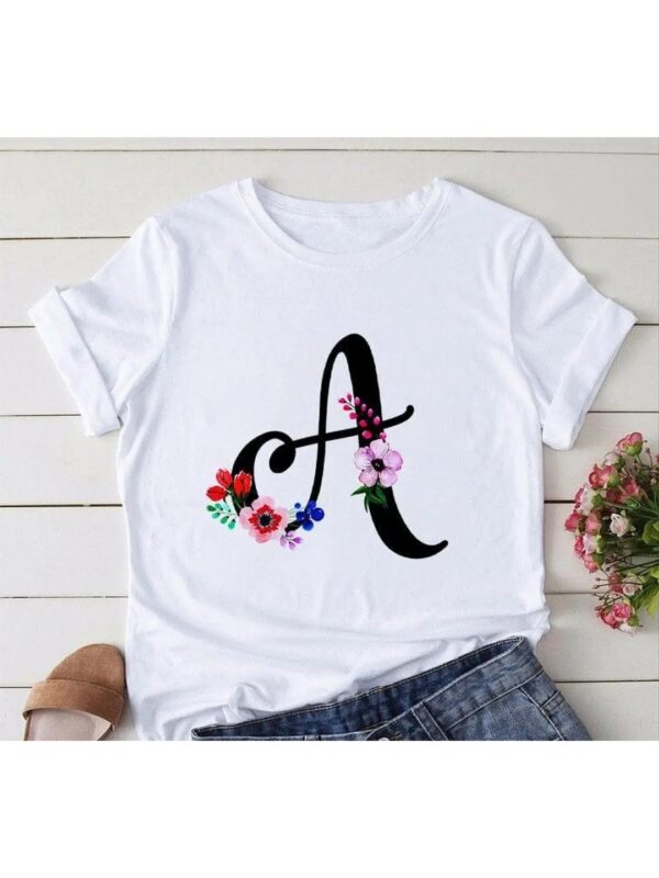 Floral Printed A Letter White T-shirt for Women