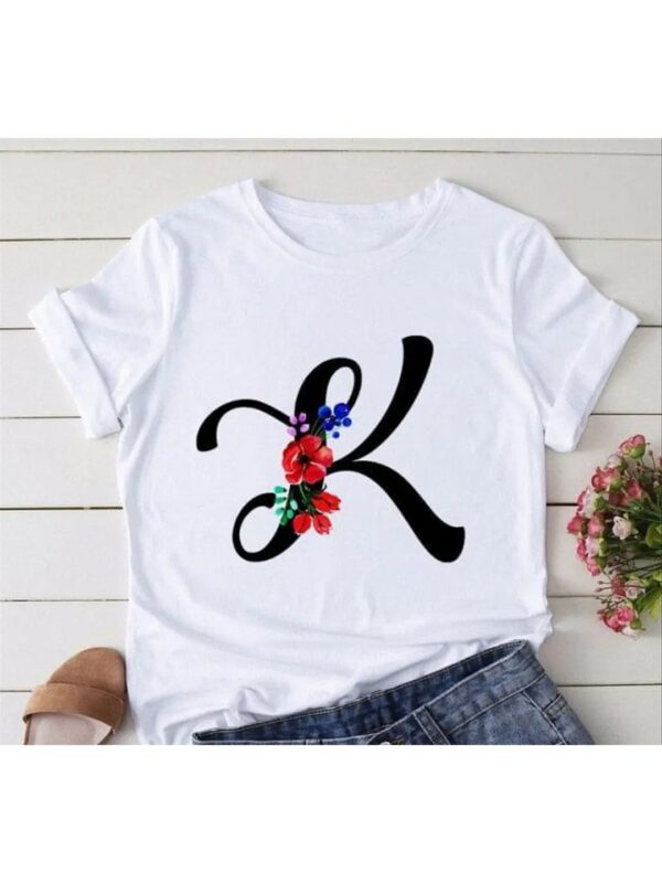 Floral Printed K Letter White T-shirt for Women