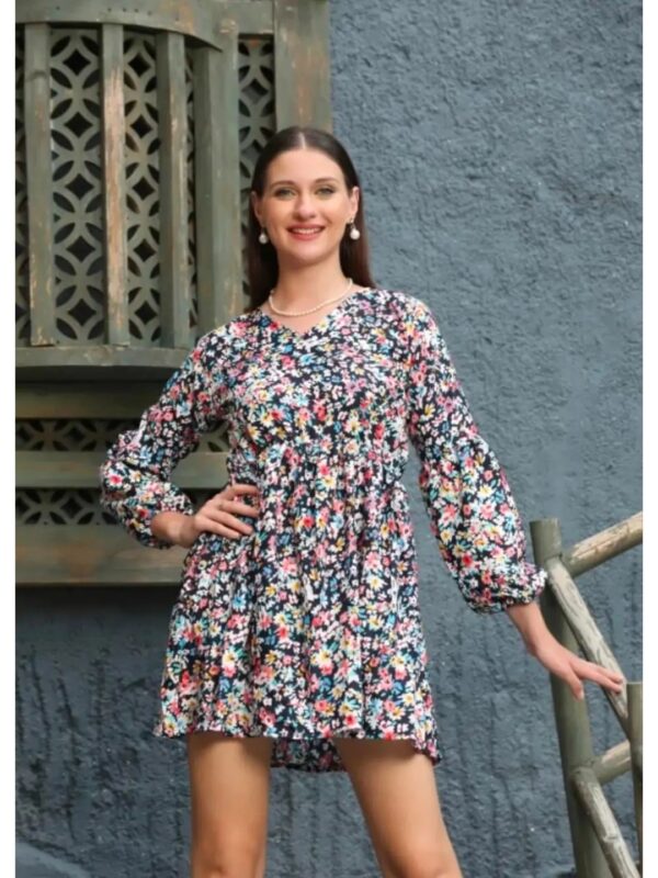 Floral Multicolour V-neck Mini Dress for Women