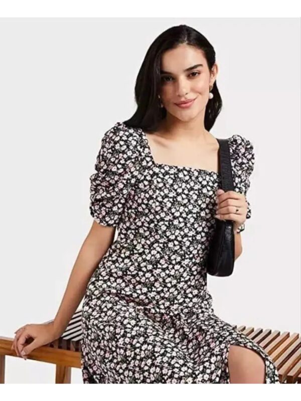 Floral Puff Sleeve Midi Slit Dress for Women